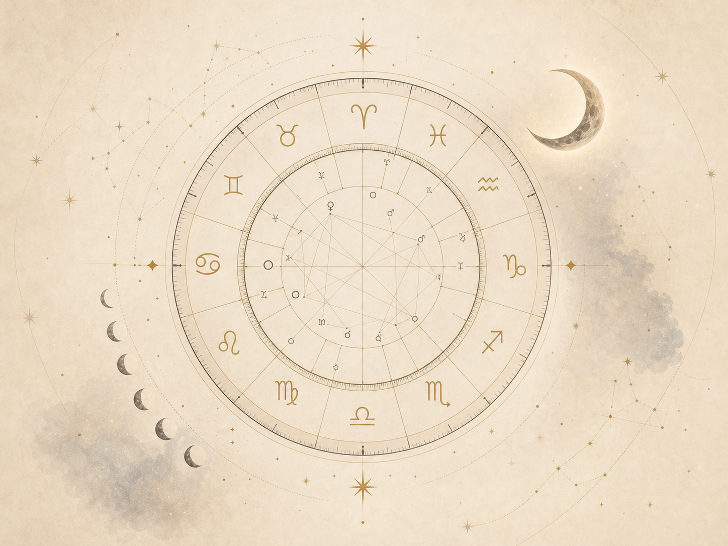 Illustratie van een geboortehoroscoop met maanfasen en astrologische symbolen